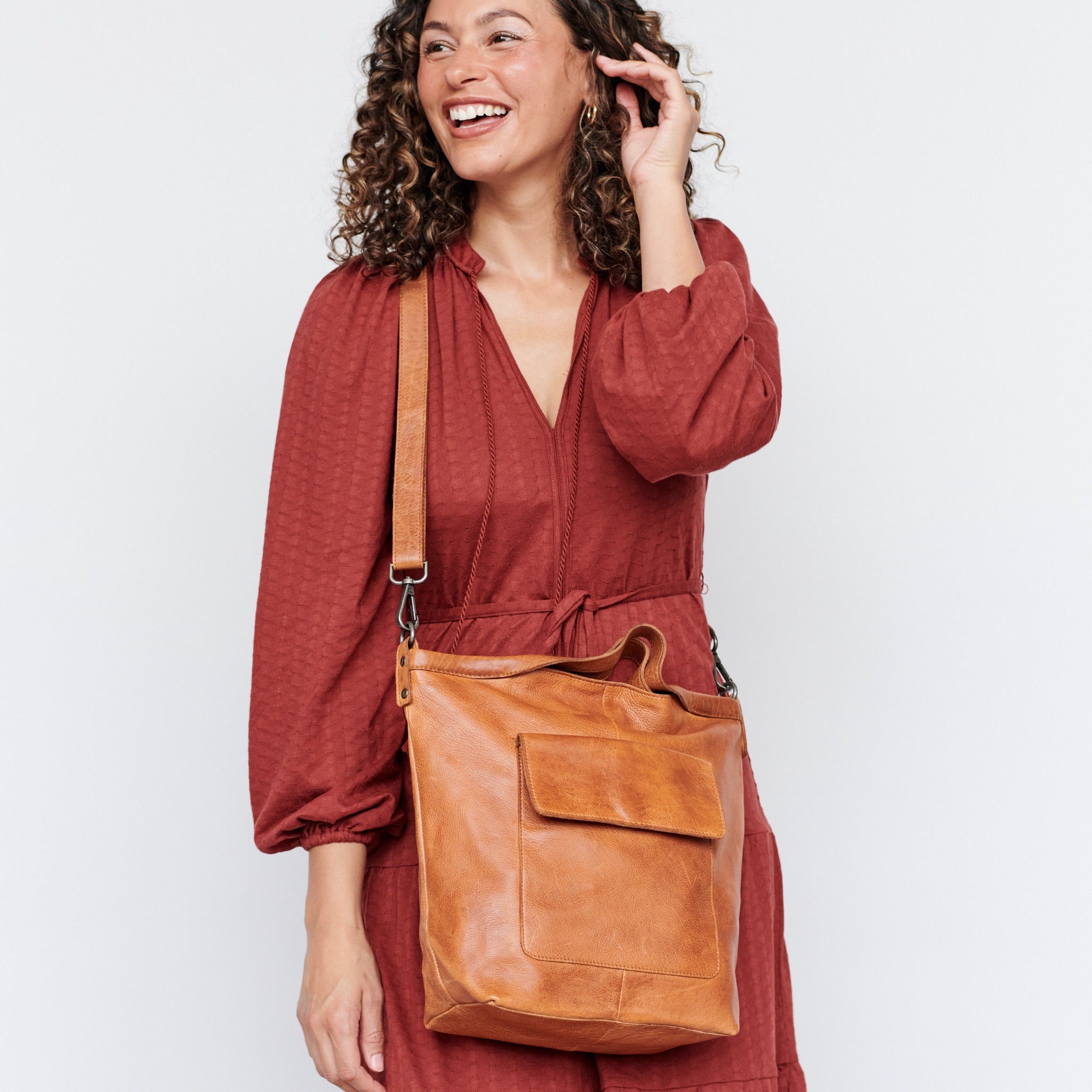 Cognac full-grain leather Bianca tote crossbody bag on model by Latico Leathers