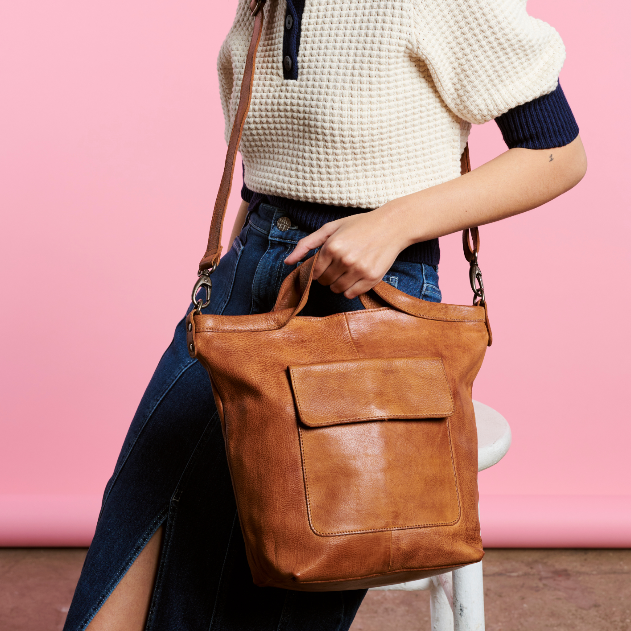 Cognac full-grain leather Bianca tote crossbody bag on model by Latico Leathers