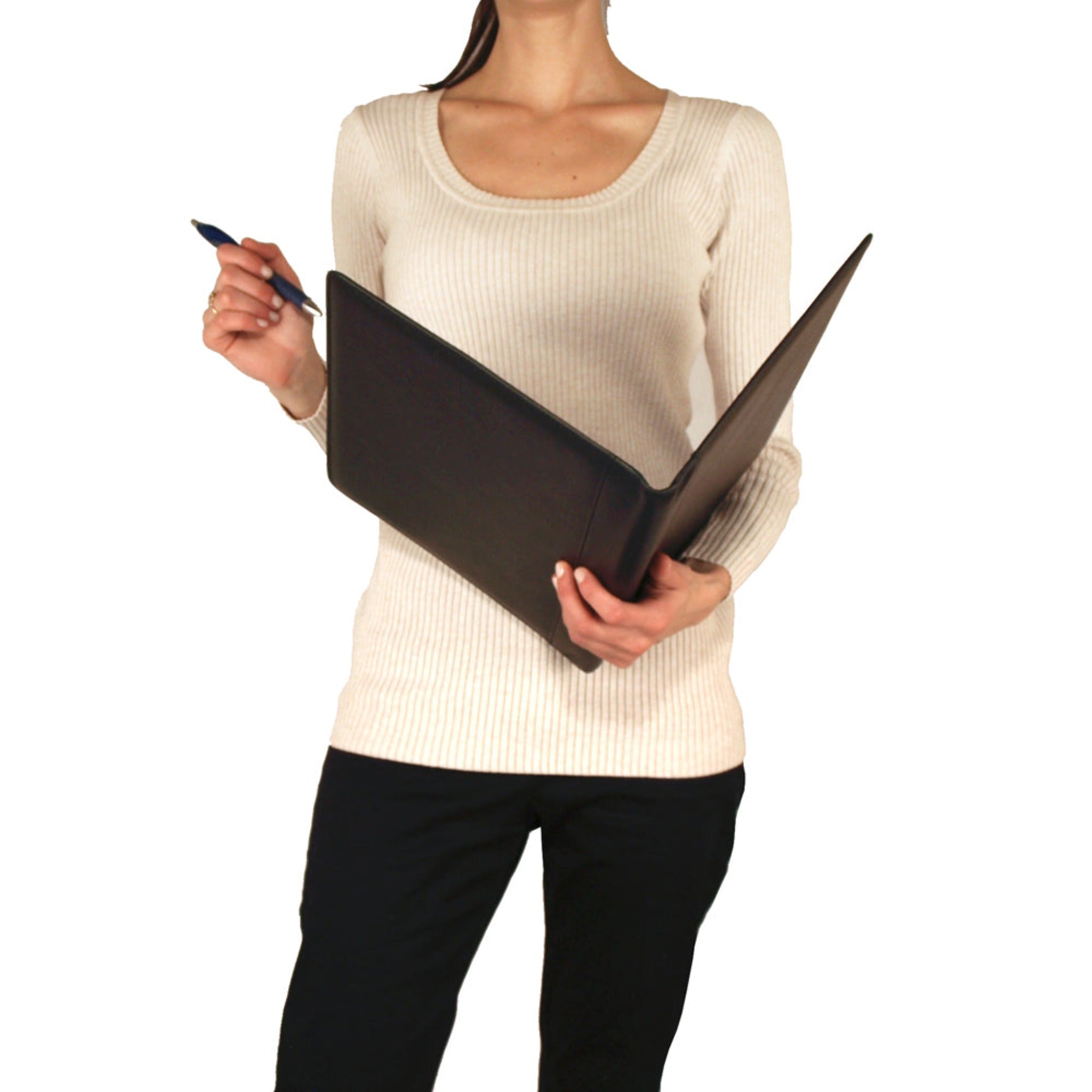 woman holding black leather portfolio