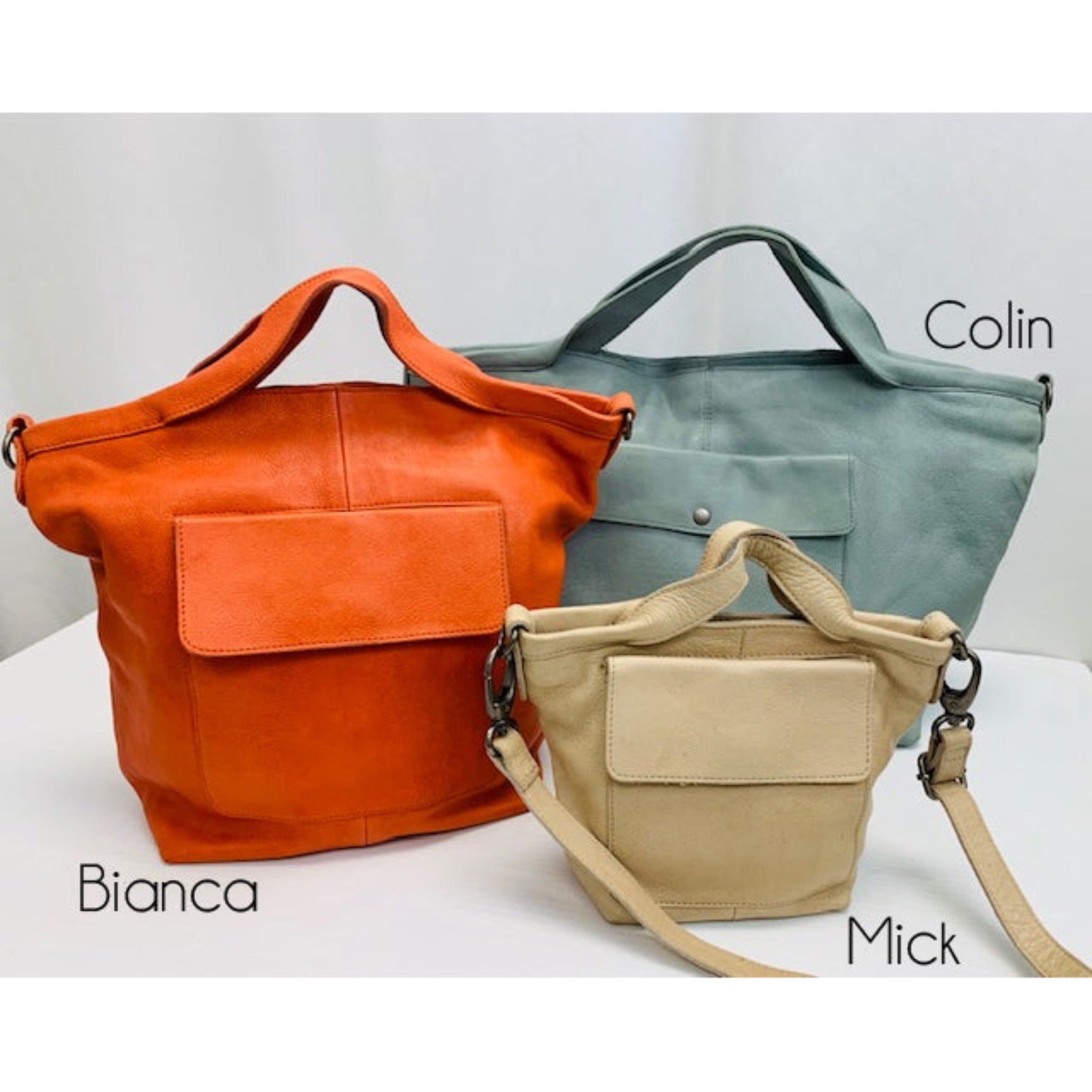 Full-grain leather Bianca, Colin, and Mick tote crossbody bags by Latico Leathers