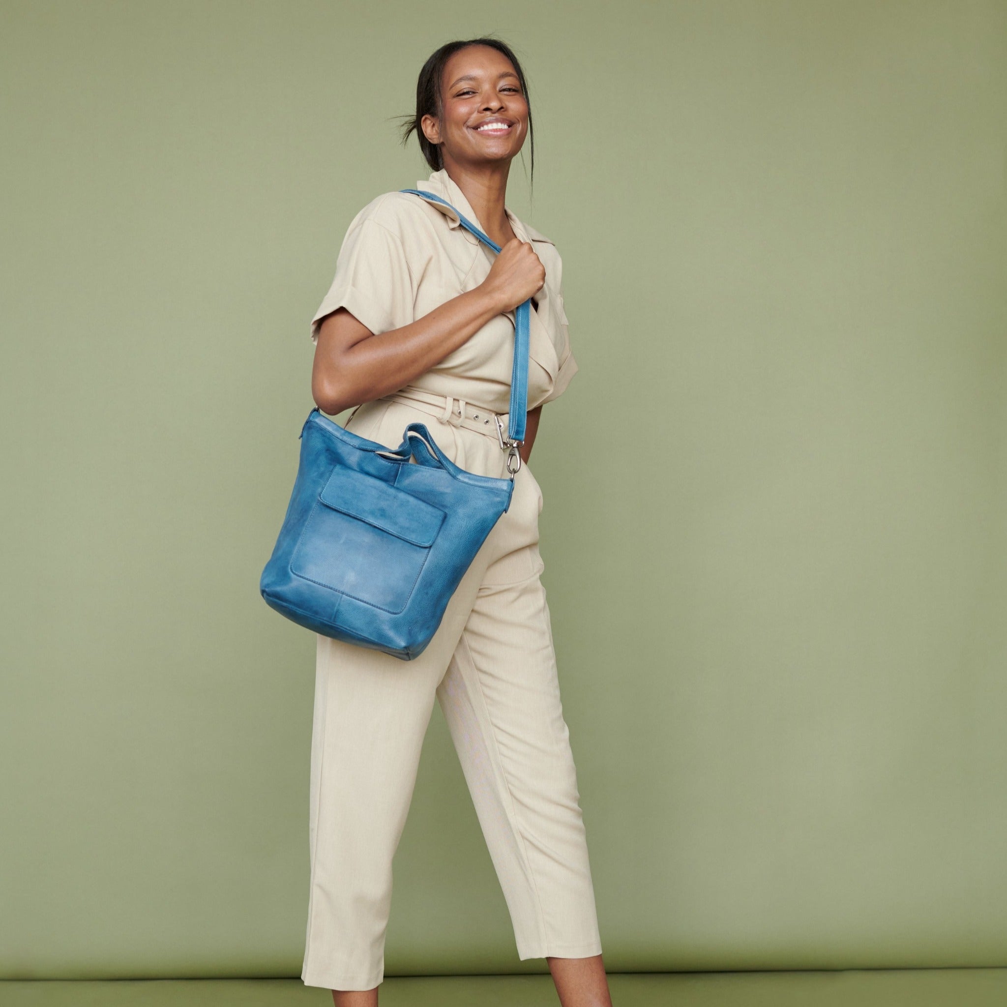 Denim full-grain leather Bianca tote crossbody bag on model by Latico Leathers