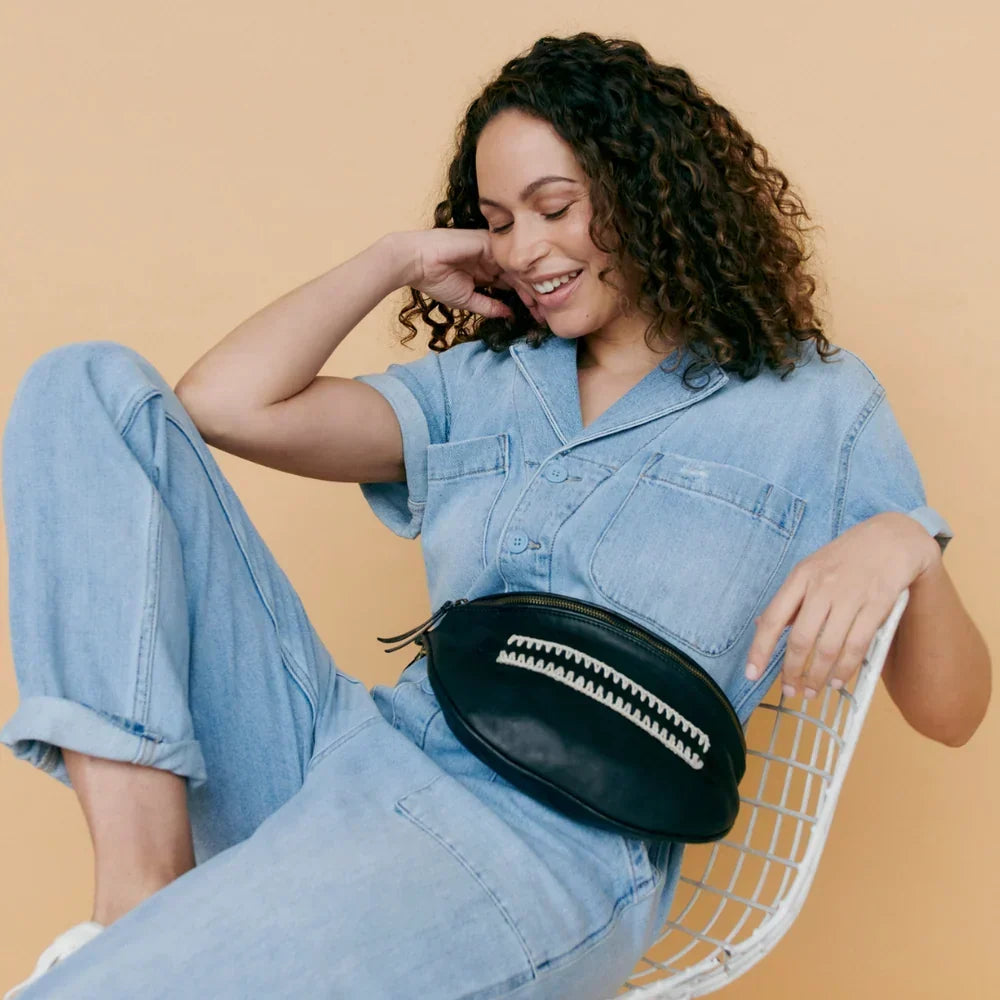 Woman wearing Solstice Leather Fanny Pack by Latico Leathers