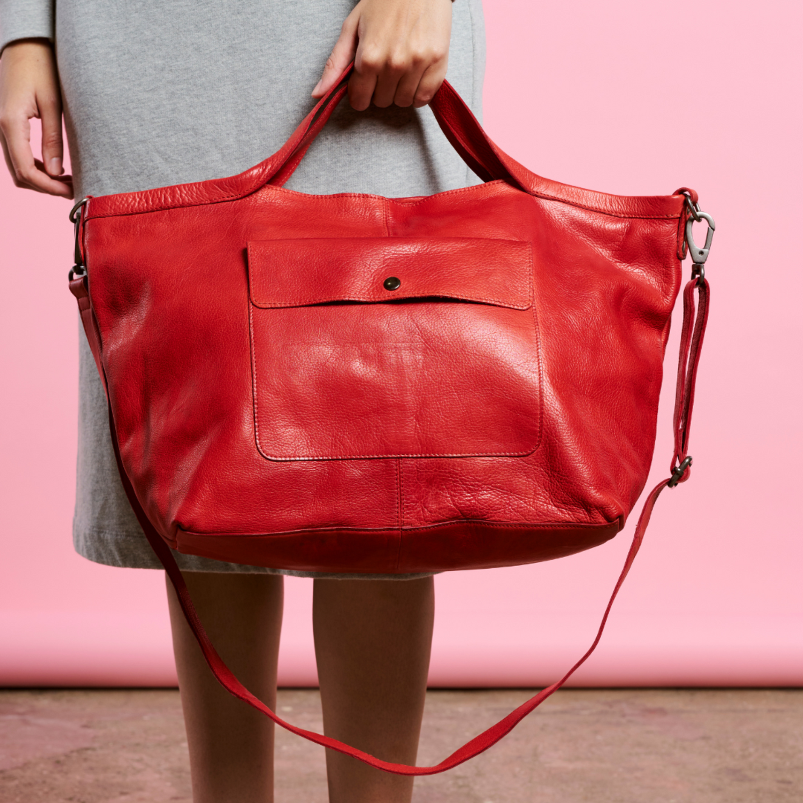 Red leather tote handbag shop