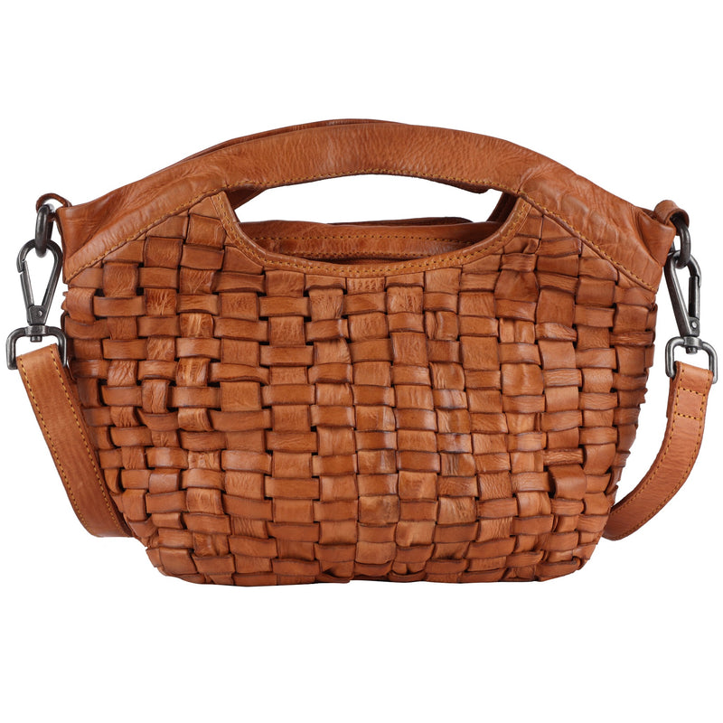 Leather Hand-Woven Tote Shoulder Bag for Women, Cognac