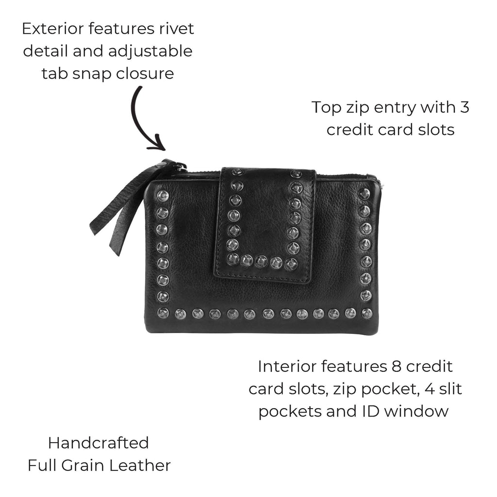Handcrafted Leather Billfold with Zipper Pouch and Snap Closure Black