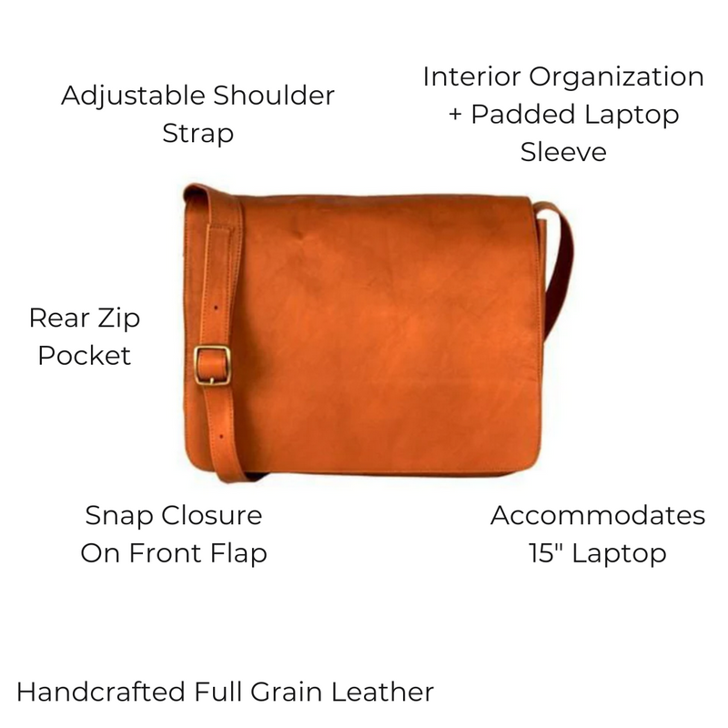LeatherCo. Black Leather Laptop Messenger Bag With Orange Zip for